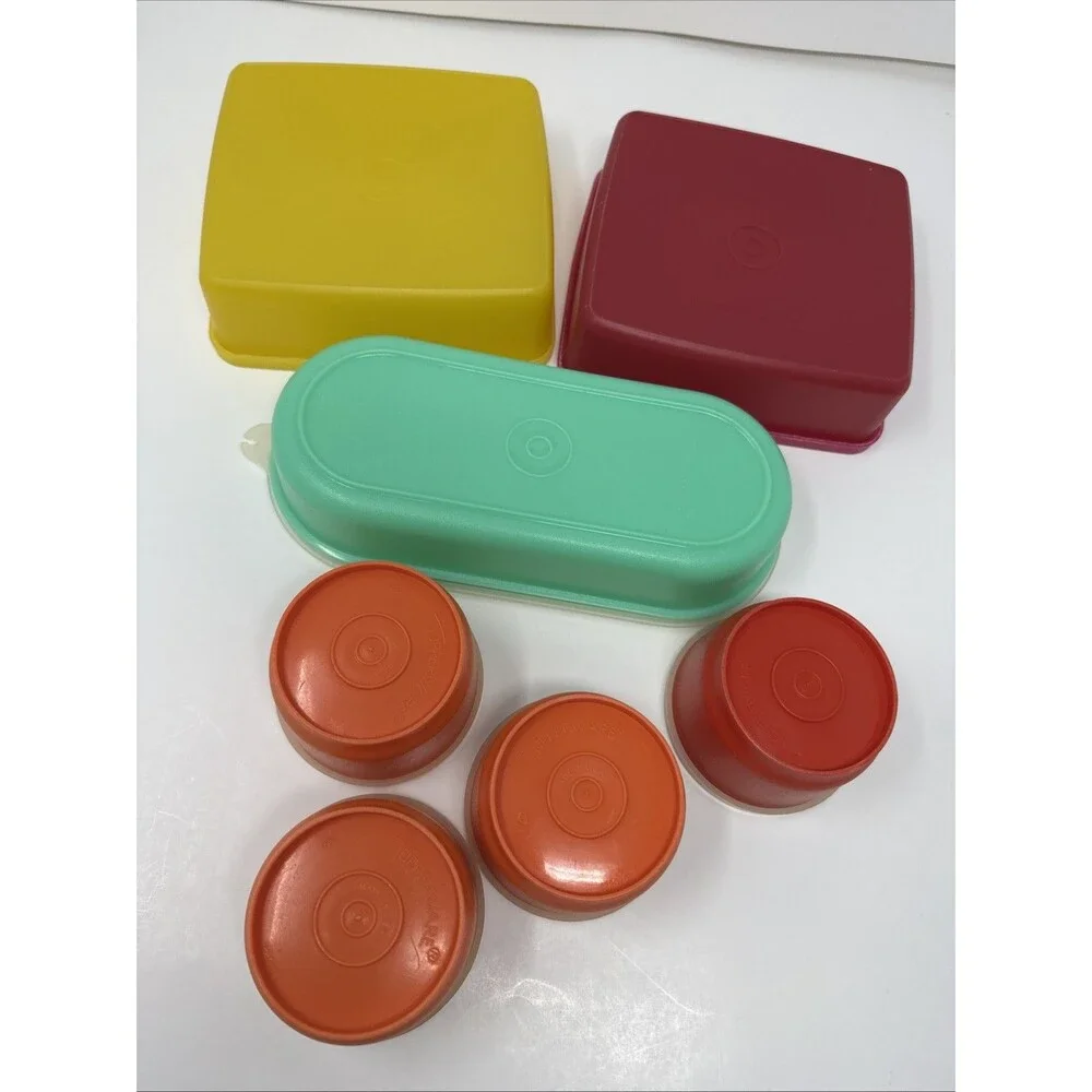 7x Vintage Tupperware Snack Set - 2 square away keeper 4 cups orange red yellow